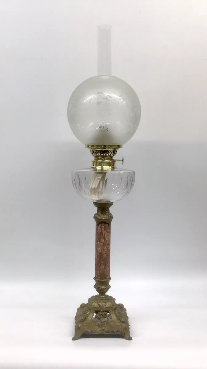 Antique Oil Lamp French Gilt Pink Marble Base Gaudard Burner Acid Etched Shade