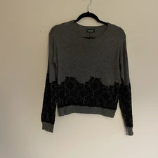 Topshop Women 4 Grey Black Angora Rabbit Hair Blend Lace Detail Crewneck Sweater