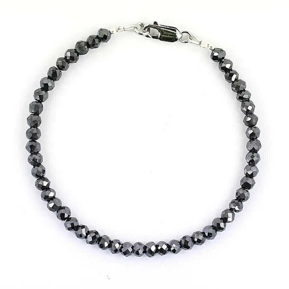 Brazalete con cuentas de diamantes negros certificados tratados de 4 mm 7,5" en broche de plata 925 Foto 4 de 4