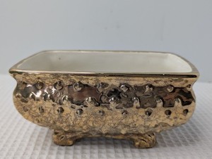 MCM Weeping Gold Style Planter Pottery Ceramic Textured Gilded Glaze Footed Base