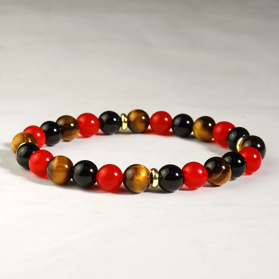 Carnelian Tiger Eye Stone Black Tourmaline Beaded Stretch Bracelet Unsex Jewelry - Image 3 of 3