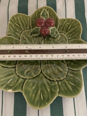 BORDALO PINHEIRO  Green Leaf Dish with Handle Vintage Portugal Raspberry Themed