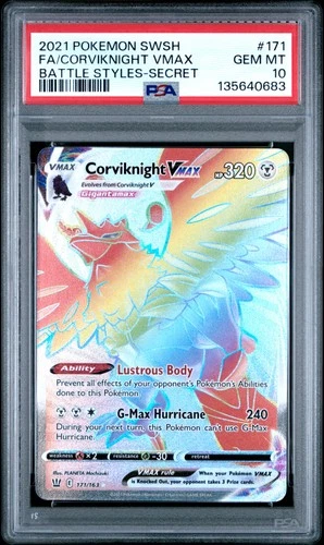 2021 POKEMON SWORD & SHIELD BATTLE STYLES #171 FULL ART/CORVIKNIGHT VMAX PSA 10