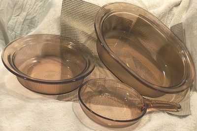 LN/Rare |3 pc| VTG/80s AMBER Corning VISION Ware w Huge 4L SAFE GLASS SOUFFLE 