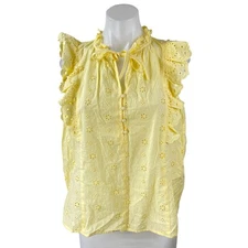 Ann Taylor LOFT Yellow Ruffle Sleeve Embroidered Floral Tie Blouse Top Size S