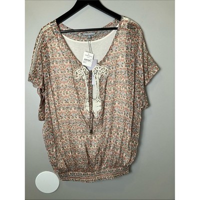 NWT Daniel Rainn 2X  Floral Lace-Trim Peasant Blouse Embroidered Boho