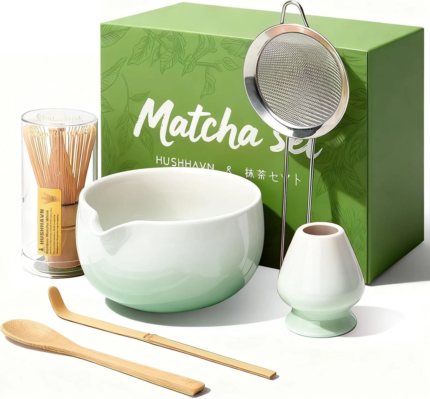 HUSHHAVN Matcha Whisk Set, Ceramic Matcha Set Includes Bowl & Holder, Bamboo