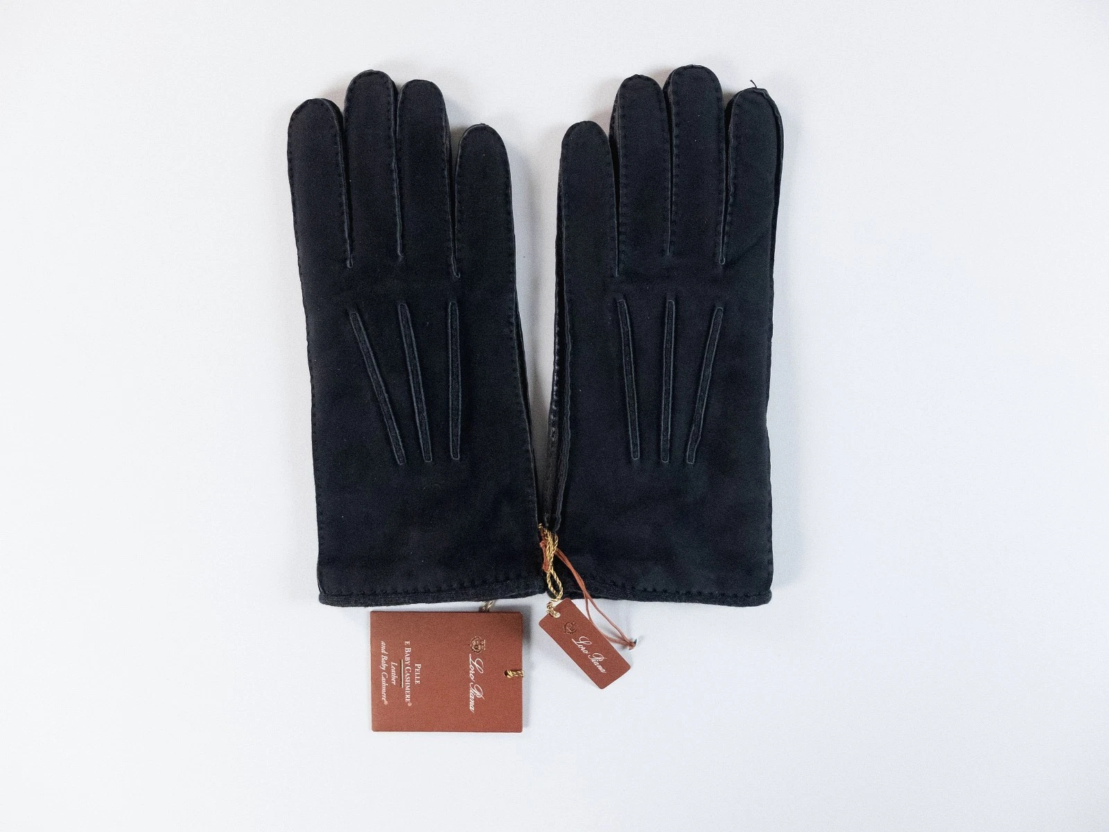 (NO CUSTOMS TAX) LORO PIANA navy blue suede leather baby cashmere gloves Large