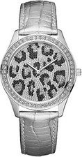 NEW GUESS SILVER TONE,CRYSTALS,CROC LEATHER LEOPARD PATTERN DIAL WATCH-W80050L1