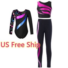 Girls Gymnastics Dance Outfit Ballet Dance Leotard Crop Top with Leggings Set
