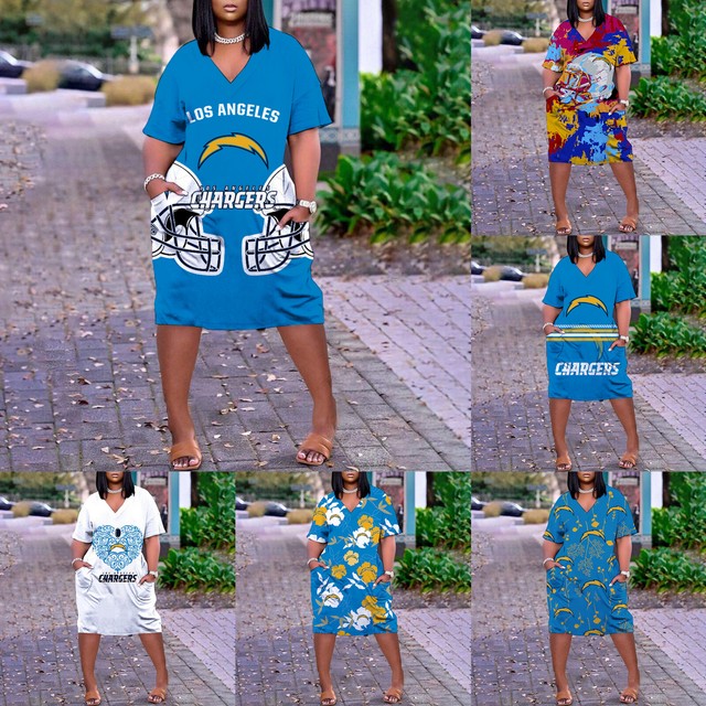 Los Angeles Chargers Womens V-Neck T-shirt Dress Short Sleeve Loose Sundress Los Angeles Chargers Womens V-Neck T-shirt Dress Short Sleeve Loose Sundress