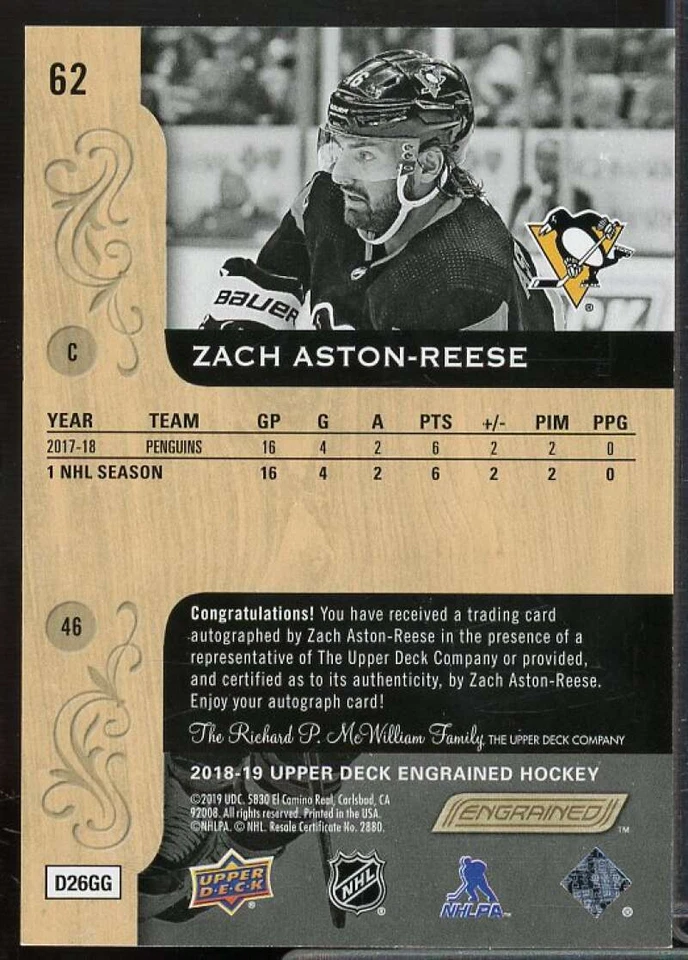 Zach Aston-Reese C Card 2018-19 Upper Deck Engrained Autographs #62  - Image 2 of 2
