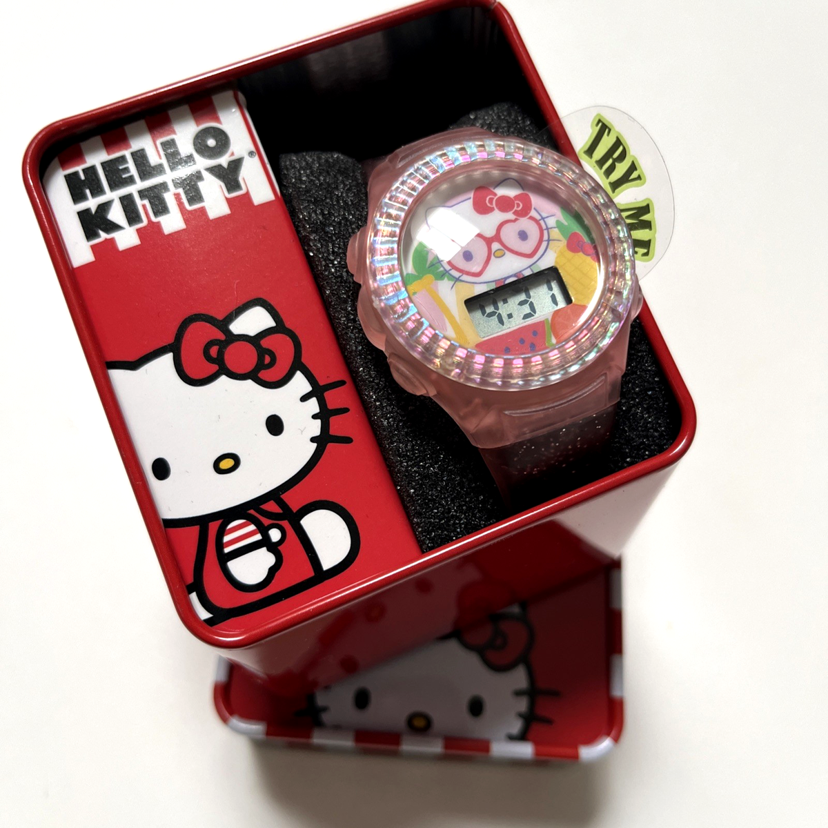 NIB Hello Kitty Sanrio Digital LCD Watch Pink Glitter Clear 