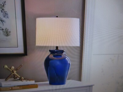 Hampton Bay Ivydale Blue Ceramic 22.5 in. Indoor Table Lamp & White Fabric Shade