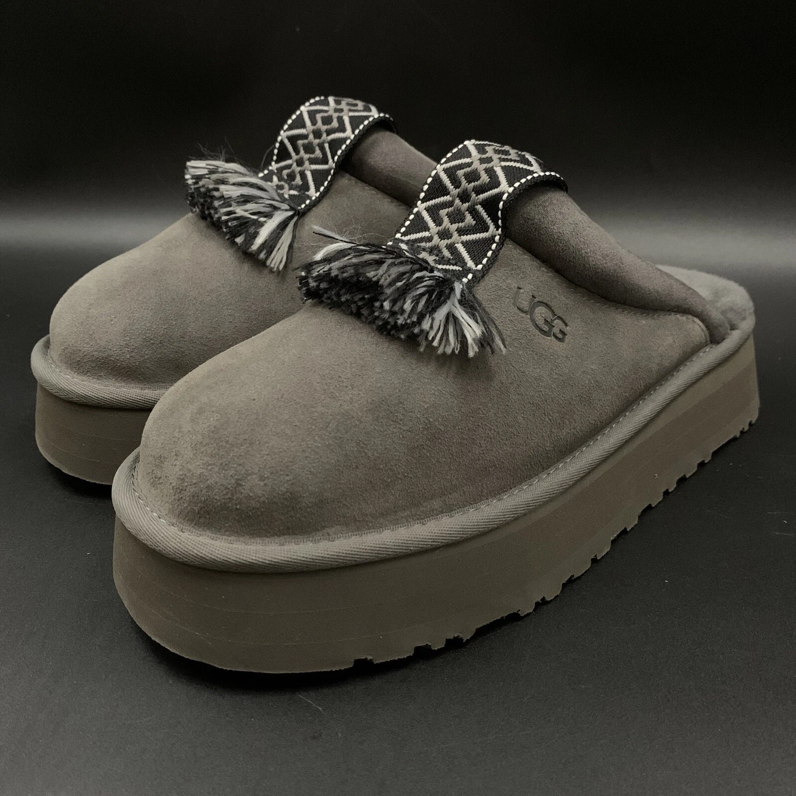 NUOVO SANDALO PANTOFOLA UGG TAZZLE PLATEAU SLIDE GRIGIO SCAMOSCIATO LANA DONNA US 9 EU 40