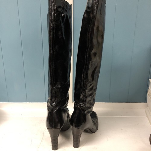 Salvatore Ferragamo Women Sz 7.5 Black Patent Leather Tall Knee High Heel Boot - Picture 8 of 13