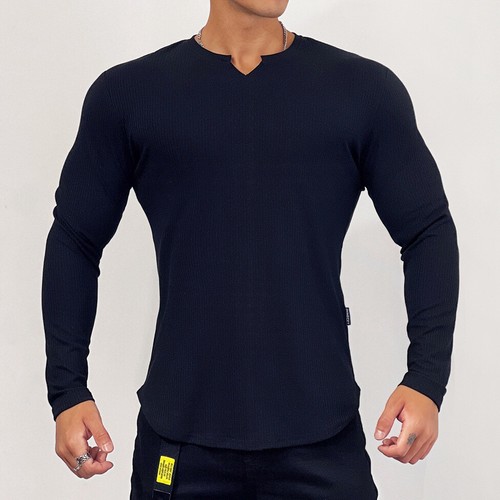 T-shirt sportiva uomo sportiva aderente fitness manica lunga righe tinta unita elasticizzata - Foto 23 di 25