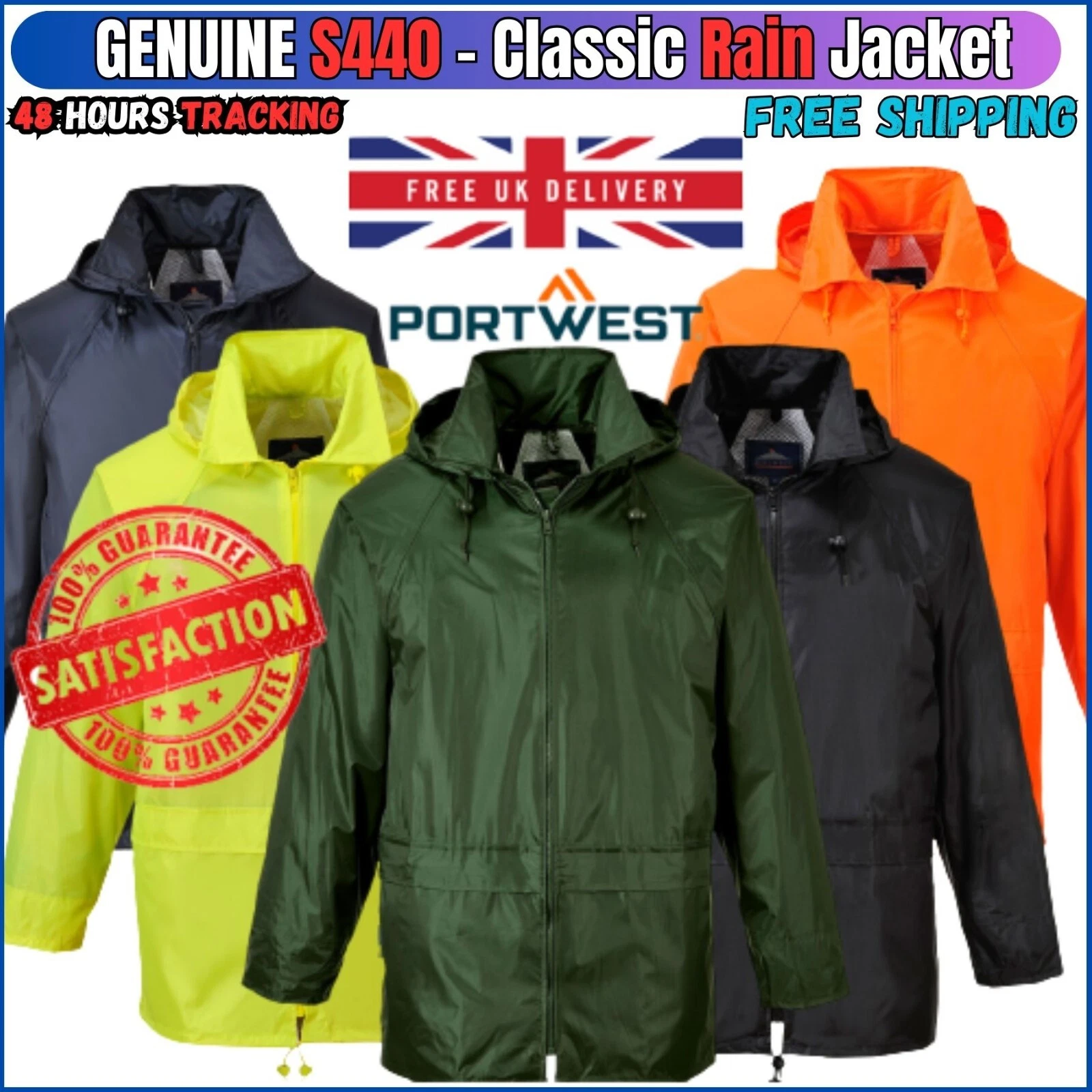 PORTWEST Classic Waterproof Rain Jacket Winter Coat Hooded-Cagoule S440 UK Stock