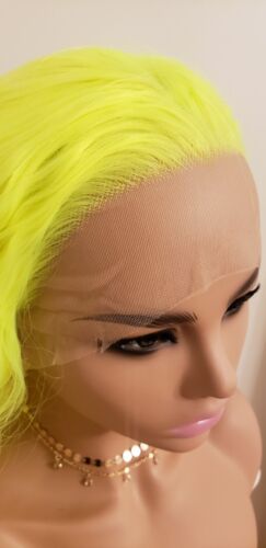 Lace Front Wig - Long Wavy Neon Yellow Human Hair Blend 13x3 T Part HD - Picture 6 of 9