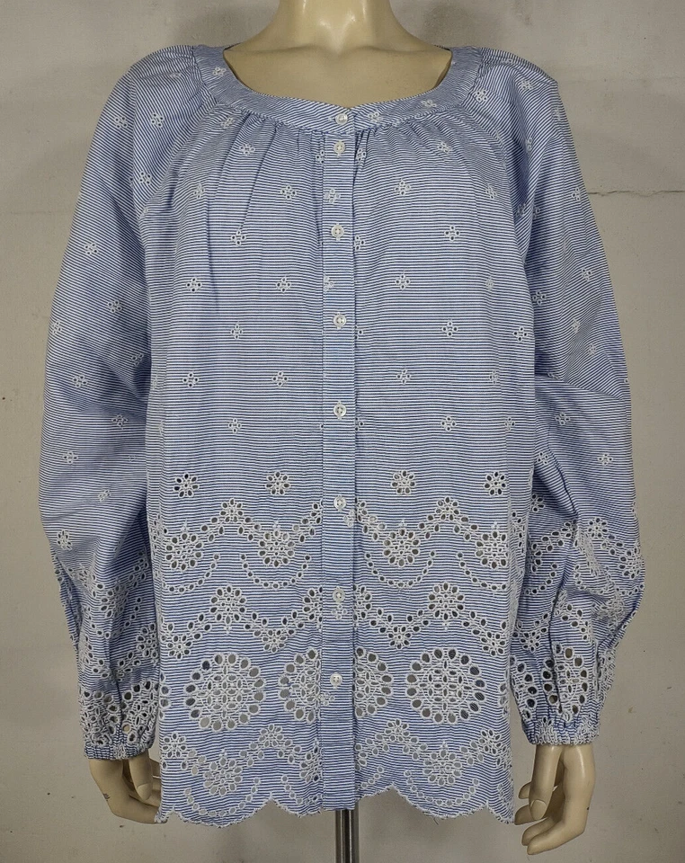 NUEVO SIN ETIQUETAS Sundance Azul Blanco Rayas Ojales Encaje Campesino Top Blusa Mujer XL