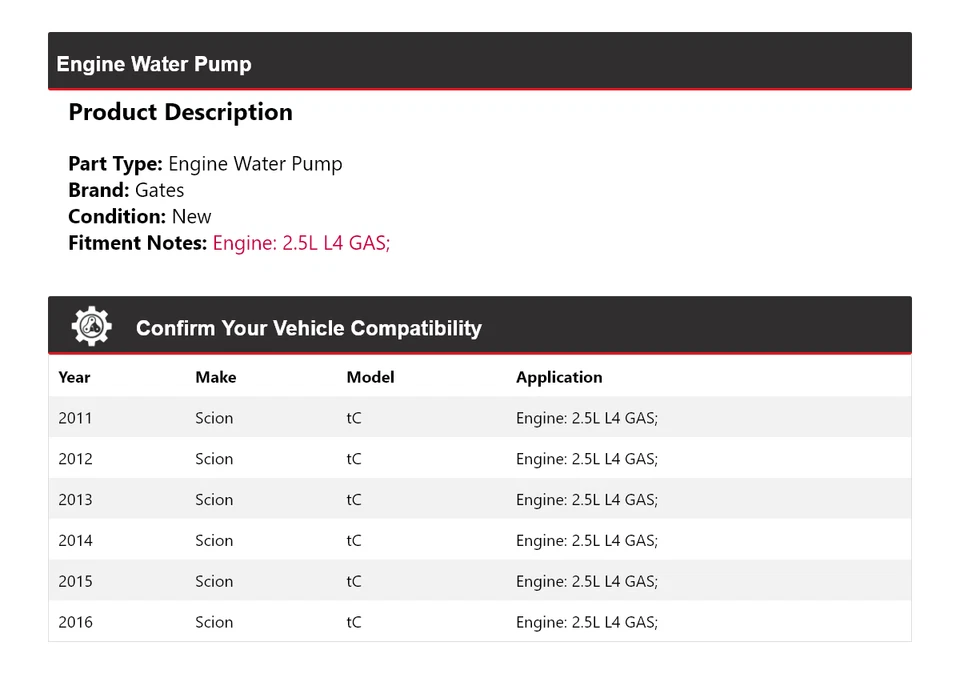For 2011-2016 Scion tC 2.5L L4 GAS Engine Water Pump Gates 2012 2013 2014 2015 - Image 2 of 4