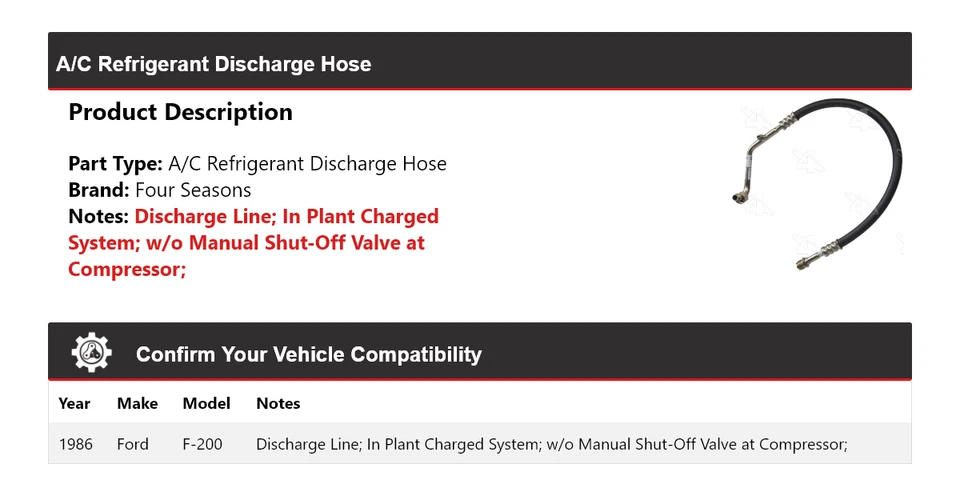 Manguera de descarga de refrigerante aire acondicionado Ford F-200 1986 4 estaciones Foto 2 de 4