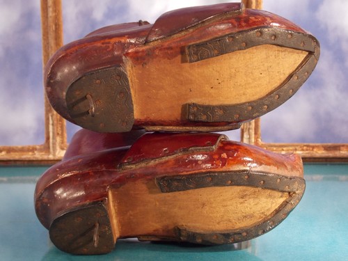 museale antike Kinder Mädchen Schuhe Holz Leder 18.Jahrhundert Länge 18 cm - Bild 7 von 10