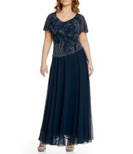 JKARA Plus Size 18W Navy V-neck Embellished Overlay Gown NWT 269