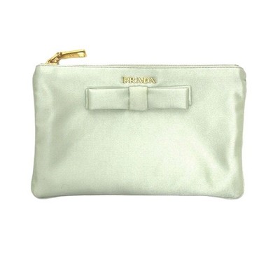 PRADA Satin Logo Ribbon Flat Pouch Clutch Bag Green ACQUA Women s Authentic