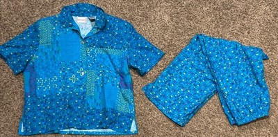 Napa Valley 2 Piece Set Top M Capris  Boho  Rayon Linen Blend Blue Green B5