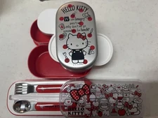 Hello Kitty Two Tier Lunch Box Set with Cutlery Red White Collectible Japan