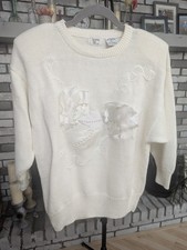 VTG 80s Bonnie Bill Sz Large White Knit Sweater With 3-D Ribbon Design EUC