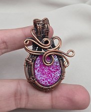 Pink Druzy Copper Wire Wrapped Pendant   Handmade Boho Necklace