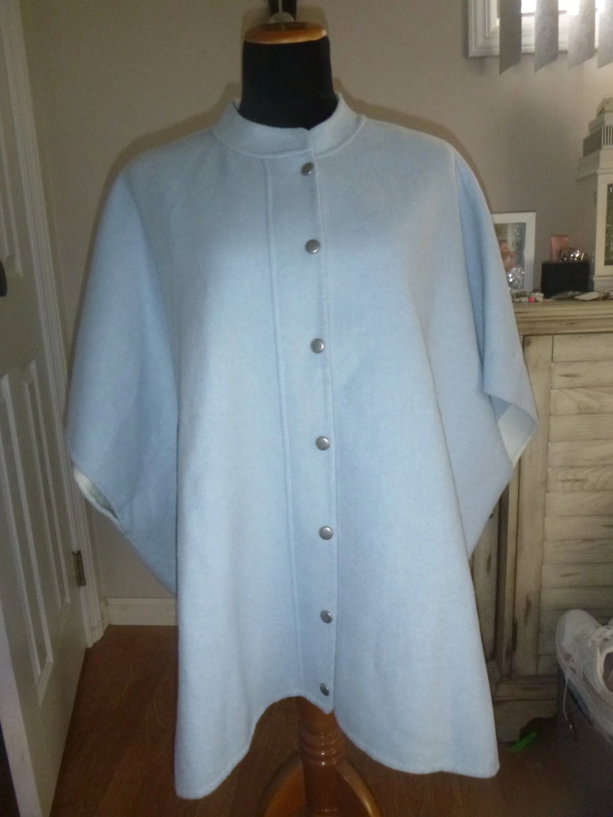 Chico's Reversible Wool Blend Zip Snap Poncho Cape Jacket Blue & Ivory Sz L/XL