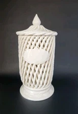12" Swirl Braid Lattice Canister w Lid SPAIN Vintage Ivory White Rope Ceramic 