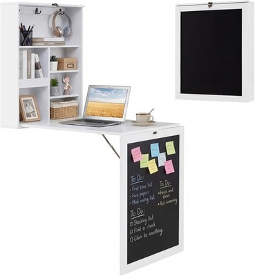 Foldable Wall Mounted Desk Convertible Writing Desk W/ Storage Shelves Hooks