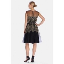 Tahari Edwin Cocktail Dress Women 14 Navy Gold Floral Embroidered NWT Formal