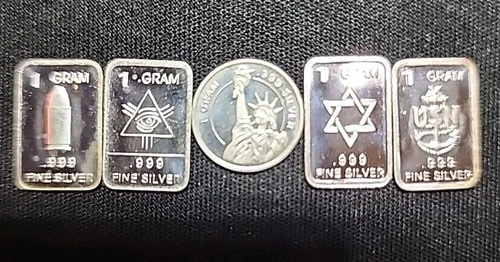 5 x 1 Gram .999 Fine Silver Bars and Round Lot Assorted Designs. Unique & Fun:)