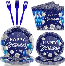 Wiooffen Navy Blue Silver Birthday Party Tableware Set 96 Pcs