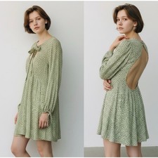 Free People Boho Long Sleeve Backless Tie Neck Mini Dress Green White XS
