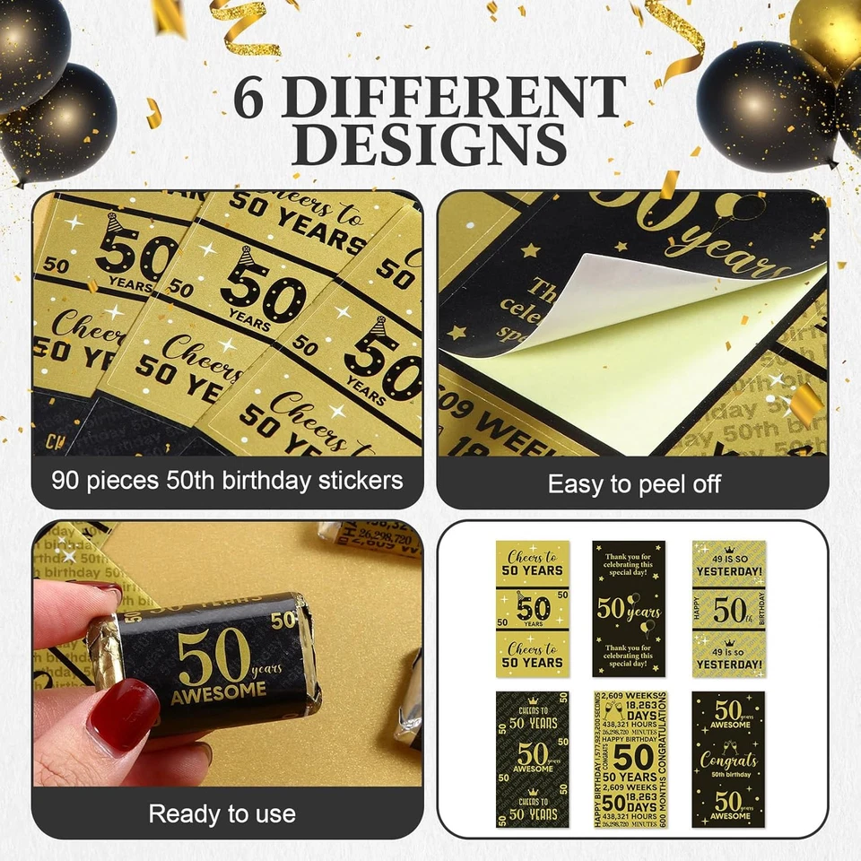 90 Piezas 50 Favores de Fiesta de Cumpleaños Envolturas de Caramelos Pegatinas Negras y Doradas Mini Ch Foto 3 de 4