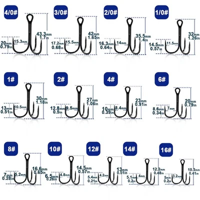 25~100Pcs Black Strong High Carbon Steel Treble Hooks Fishing Triple Lures Hook