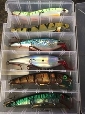 6 Musky Lures & Box, Jointed Storm, Rapala, Depth Raider.