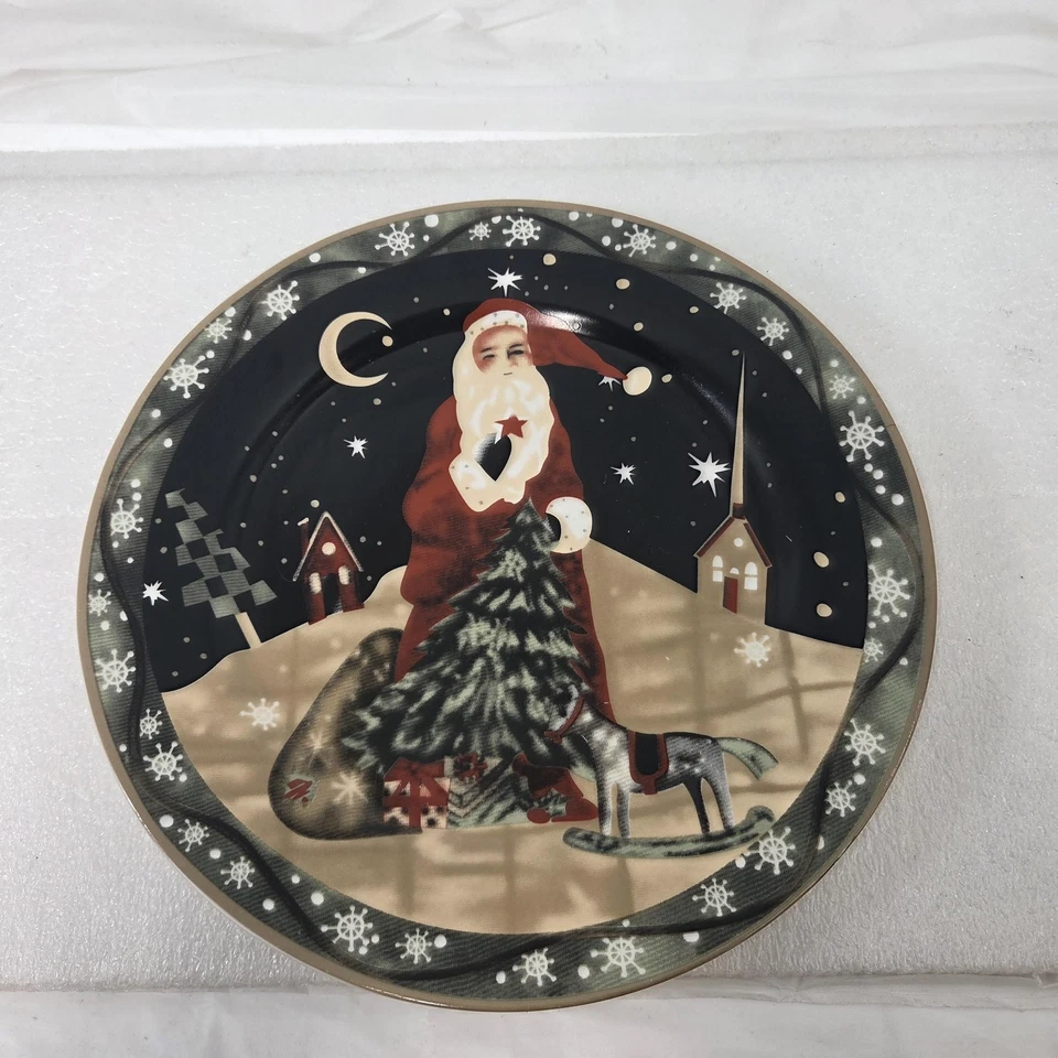 Century Christmas Santa Decorative Ceramic Plate Snowflake Border Rocking Horse - Image 2 of 4