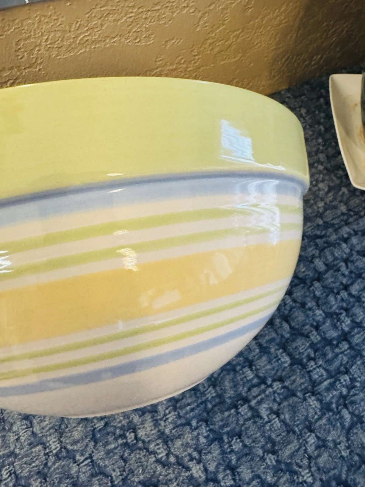Pampered Chef 10” Medium Blue Green Yellow Striped Banded Ceramic Mixing Bowl