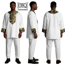 African Men Suit Tailor Made 2 Pieces Pull Over Patchwork Shirt Pants Casual Set