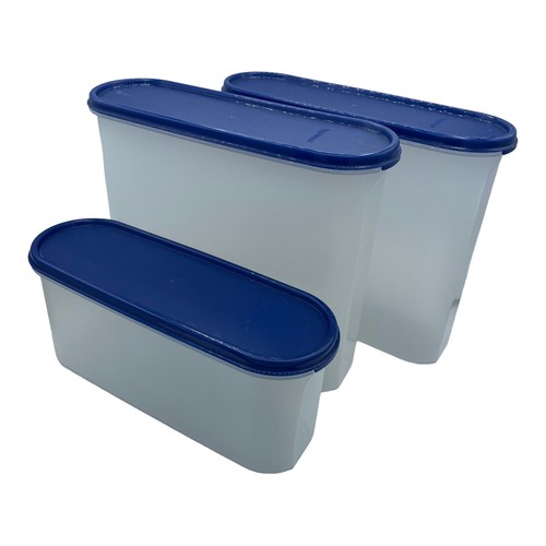 Tupperware Modular Mates 6 Pc Set Dark Blue Lids 2 Tall and 1 Shorty Oval Shaped - Picture 3 of 16