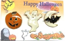 Halloween 3 Style Lapel Pins on Card; Jack-O-Lantern, Ghost, Bat on Moon NEW