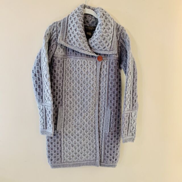 INIS CRAFTS 100% Merino Wool Gray Aran Irish Fisherman Cardigan Sweater