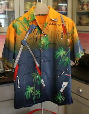 Men's Box-Office Island Hawaiian Aloha Shirt W/ Guitars Palm Trees Large
